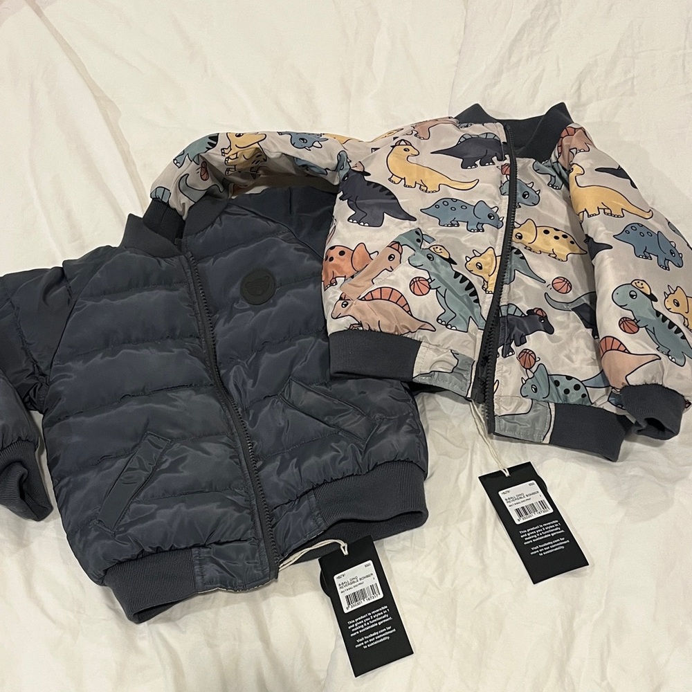 Huxbaby reversible Dinosaur Basketball Gray Puffer Jacket 2T & 3T